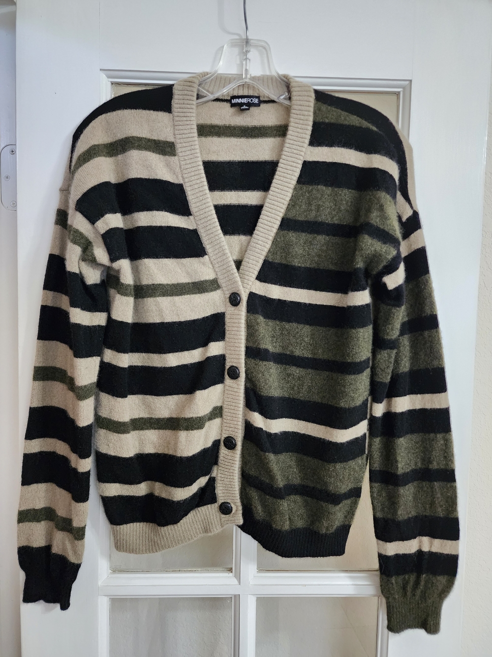 Minnie Rose 100% Cashmere Mixed Stripe Cardigan Army Combo Small 8969